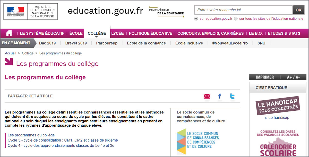Pour tout savoir sur les programmes du collège avec l'Education Nationale